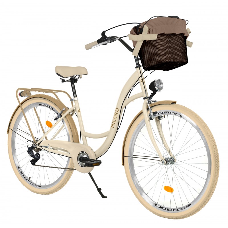 Milord Komfort Fahrrad Mit Korb Damenfahrrad, 26 Zoll, Creme-Braun, 7 Gänge