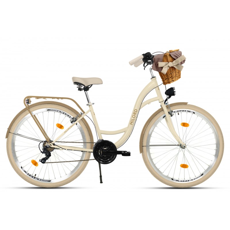 Milord Komfort Fahrrad Mit Weidenkorb Damenfahrrad, 28 Zoll, Creme-Braun, 21 Gänge