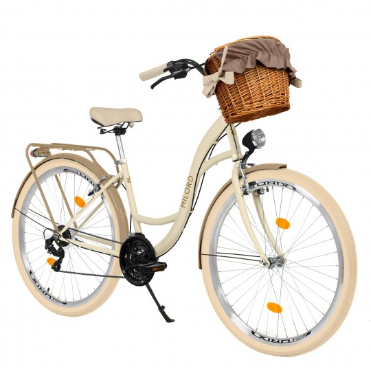 Milord Komfort Fahrrad Mit Weidenkorb Damenfahrrad, 28 Zoll, Creme-Braun, 21 Gänge