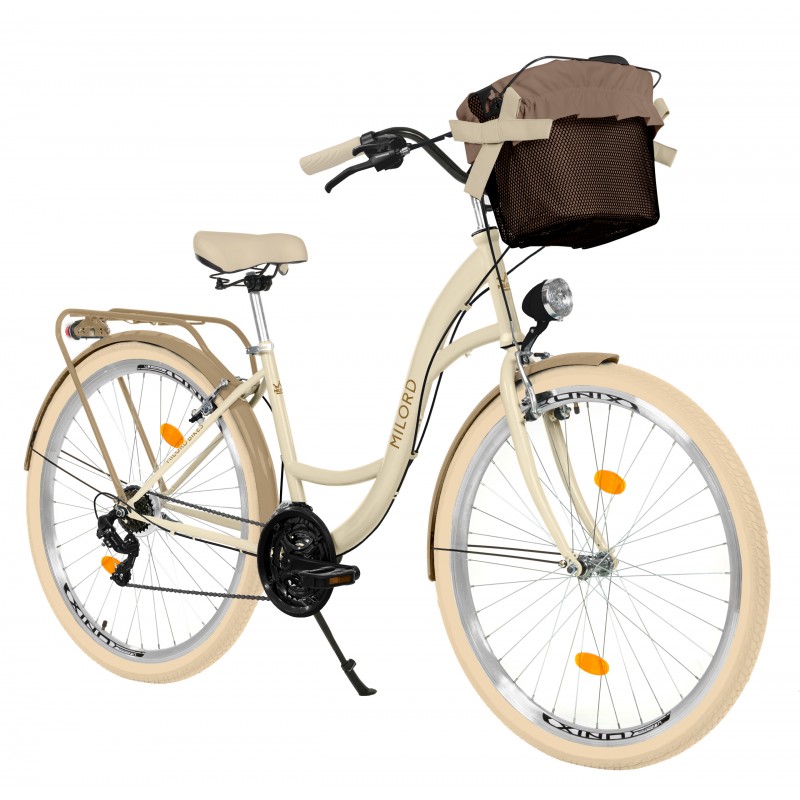 Milord Komfort Fahrrad Mit Korb Damenfahrrad, 28 Zoll, Creme-Braun, 21 Gänge