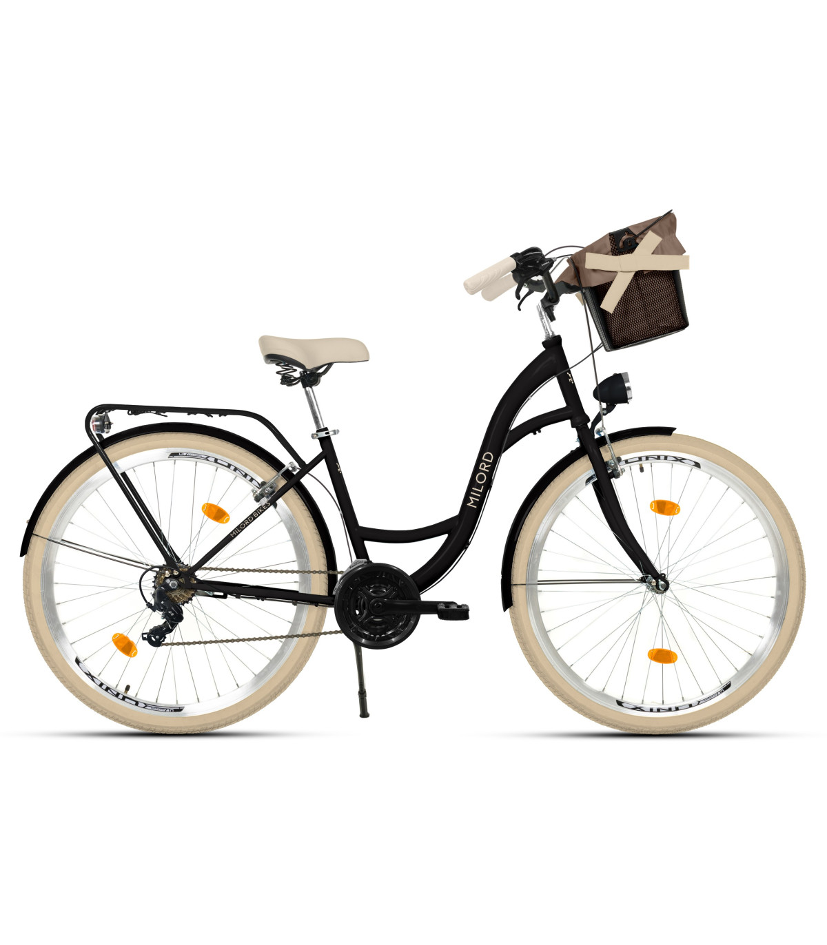 Milord Komfort Fahrrad Mit Korb Damenfahrrad, 28 Zoll, Schwarz-Creme, 21 Gänge