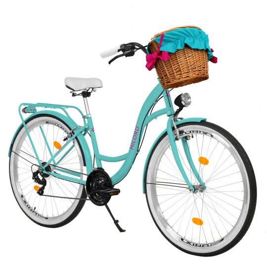 Milord Komfort Fahrrad Mit Korb Weidenkorb Damenfahrrad, 24 Zoll, Wasserblau, 21 Gänge