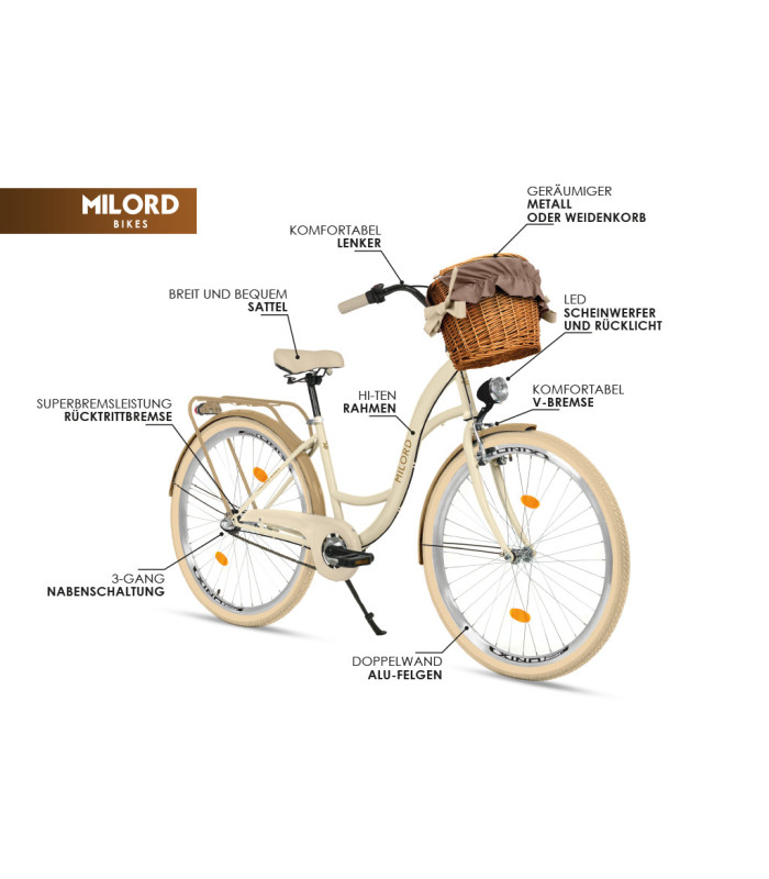 Milord Komfort Fahrrad Korb Damenfahrrad 28 Zoll Creme-Braun 3 Gänge