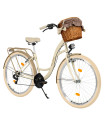 Milord Komfort Fahrrad Mit Weidenkorb Damenfahrrad, 26 Zoll, Creme-Braun, 21-Gänge