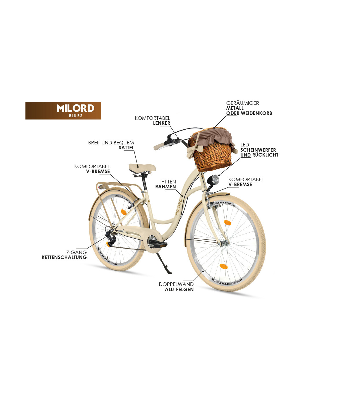 Milord City Fahrrad Korb Damenfahrrad 26 Zoll Rot 7 Gänge Creme